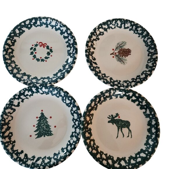 Folk Craft Holiday Pines Tienshan Dessert Xmas Plates Pine Cone Wreath Moose - Picture 1 of 2